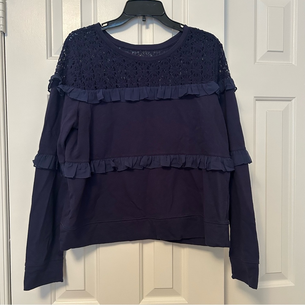 Lilly Pulitzer Sonja Lace Eyelet Yoke Crotchet Tiered Ruffle Navy Sweatshirt XL